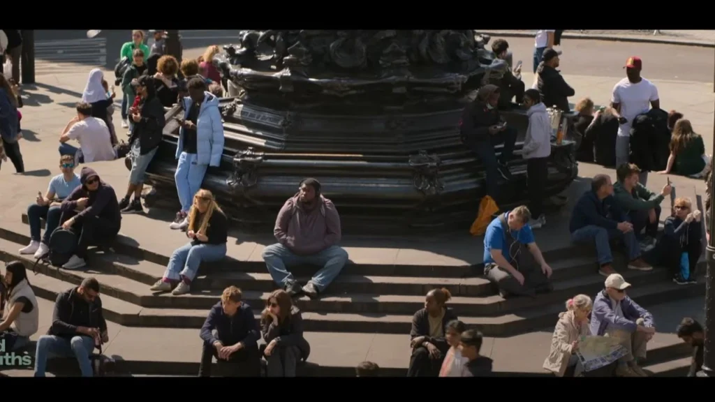 Hard Truths Filming around Piccadilly Circus mainly in Eros (Shaftesbury Memorial Fountain)